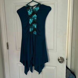 Glimmering turquoise tie around the neck mini dress or top.